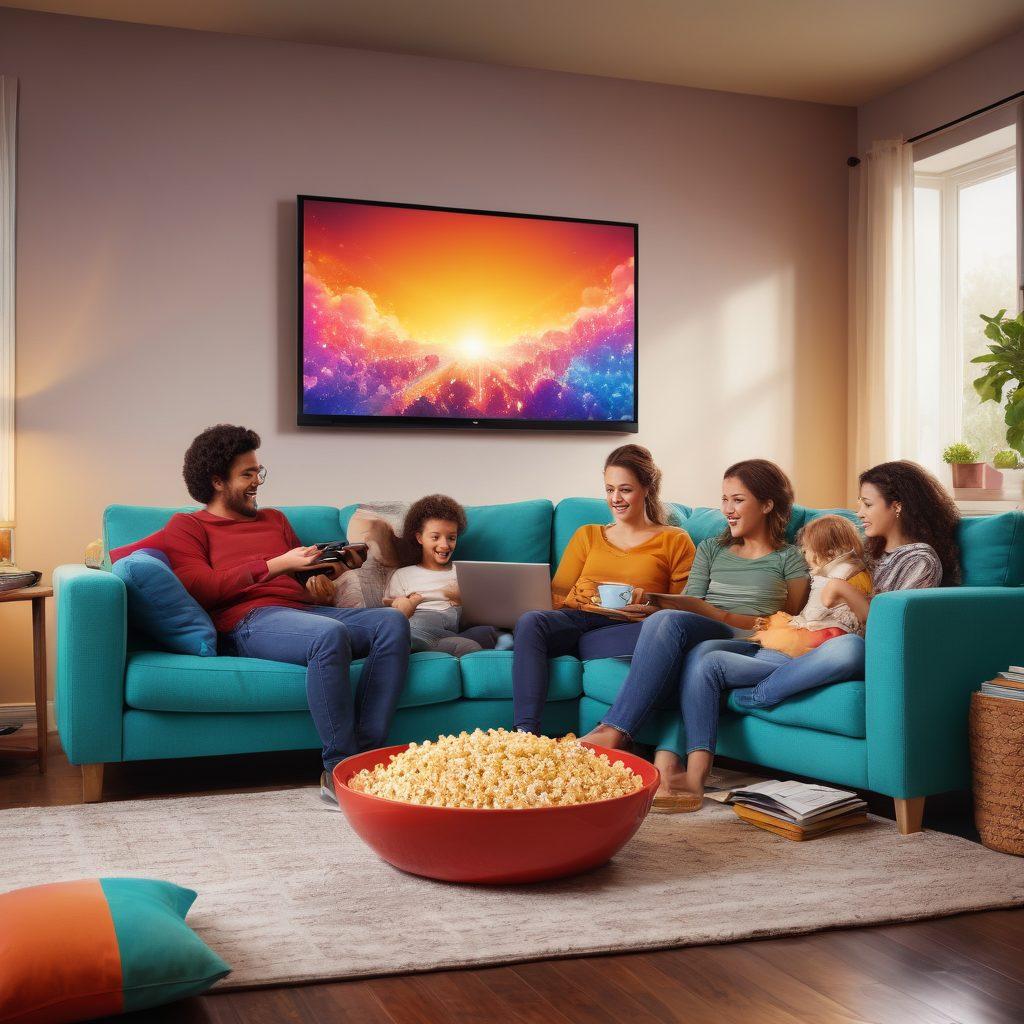 An inviting and dynamic living room scene displaying multiple devices (TV, tablet, smartphone) streaming various content, such as movies and music, with a cheerful family enjoying together. Include icons of popular streaming platforms floating in the air, surrounded by popcorn and cozy blankets, conveying the idea of an enhanced viewing experience. bright and colorful. digital illustration.