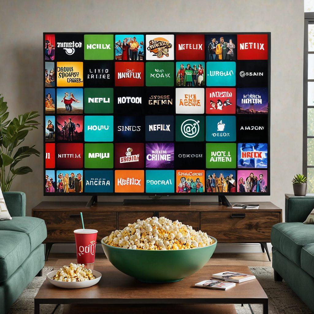A vibrant digital collage showing various streaming platform logos such as Netflix, Hulu, Disney+, and Amazon Prime, intertwined with images of a cozy living room setup featuring a large screen displaying a movie scene, popcorn, and drinks. An engaging atmosphere with soft lighting and modern decor that evokes comfort and entertainment. super-realistic. vibrant colors. 3D.